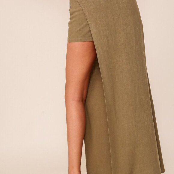 LUMIERE Olive Green High-Slit Maxi Skirt with Built-In Shorts, Chic Summer - Picture 3 of 5